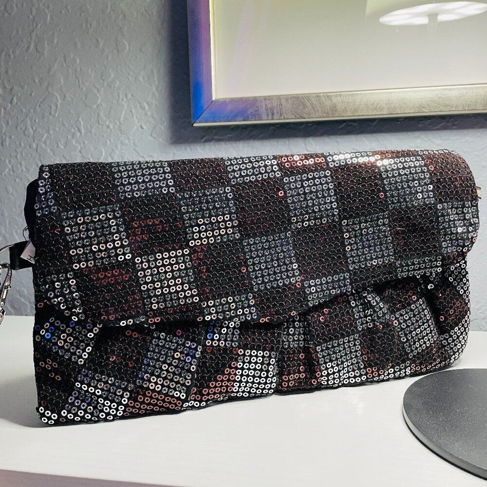 Vintage 70s 80s Black Sequin Patchwork Clutch Purse Disco Evening Bag Retro Glam